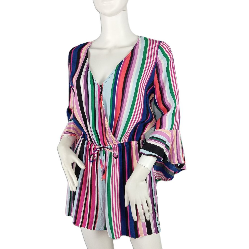 Express Women's Wrap Front Romper Size Small Multi Striped 3/4 Bell Sleeves